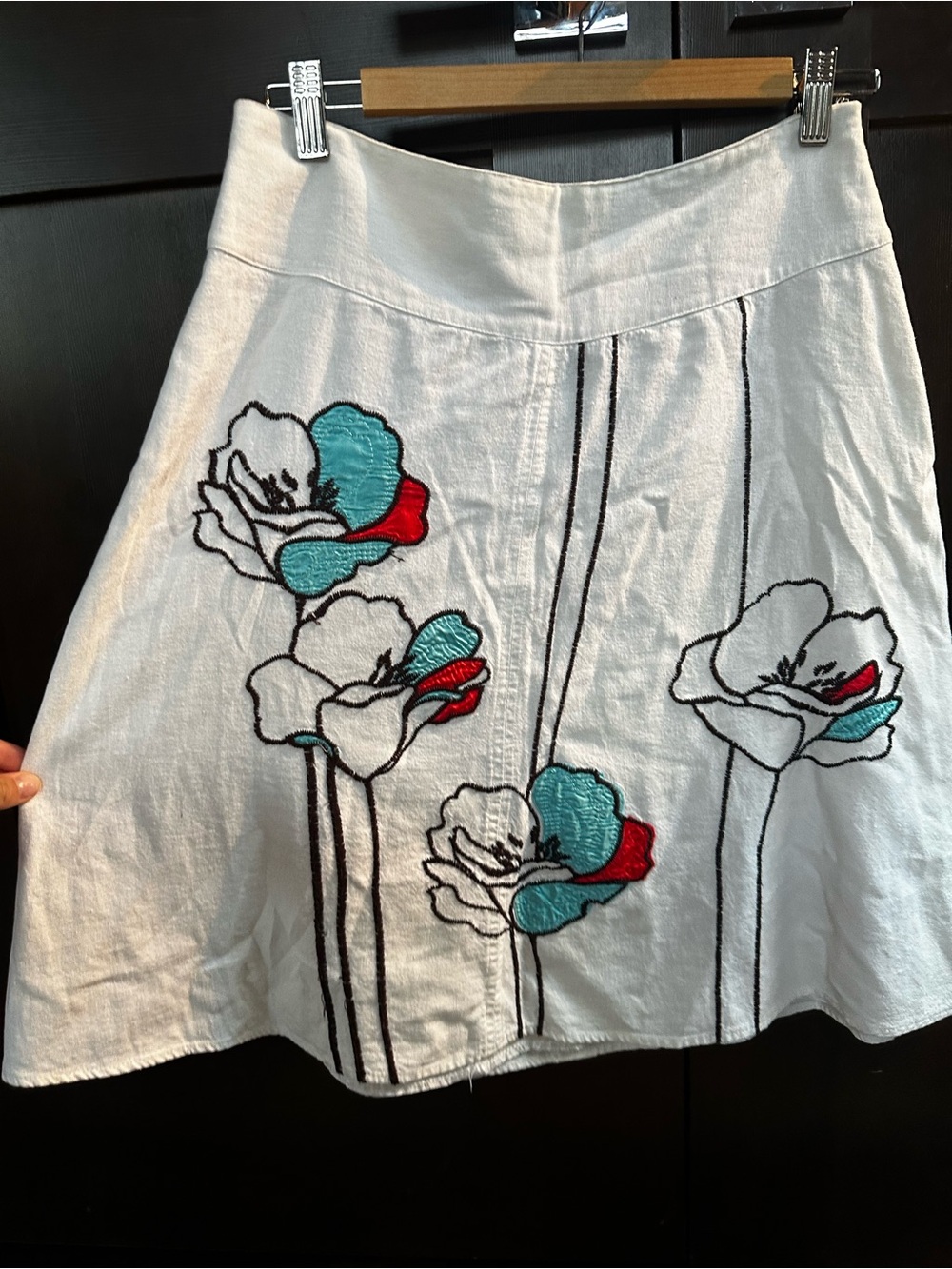 White Floral Embroidered Circle Skirt with Teal & Red embroidery